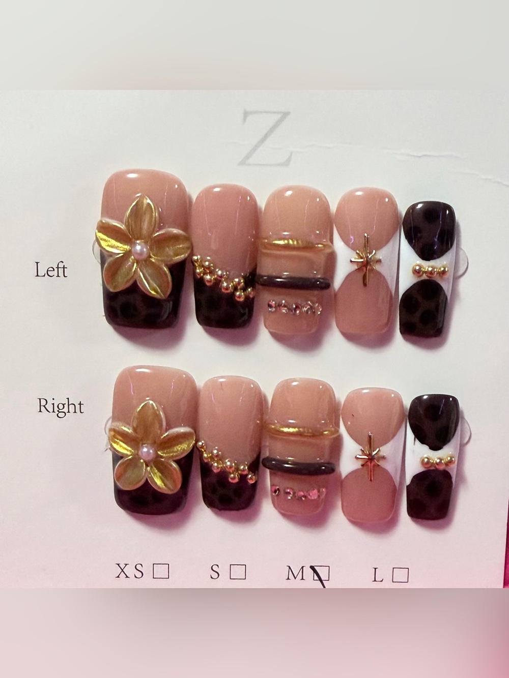 Nude Blush & Chocolate Leopard Press-On Nails with Gold Flower Accents